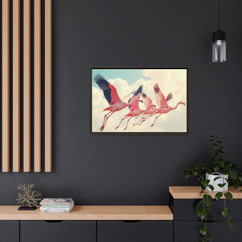 Framed Canvas - a flock of flamingos taking off in the sunlight. - Image 95