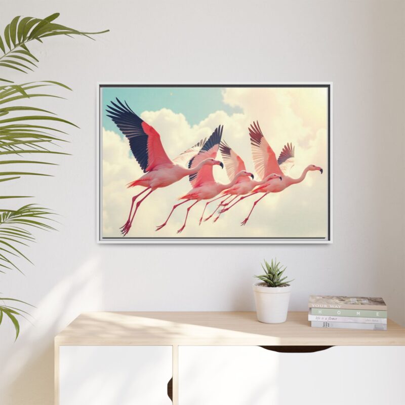 Framed Canvas - a flock of flamingos taking off in the sunlight. - Image 104