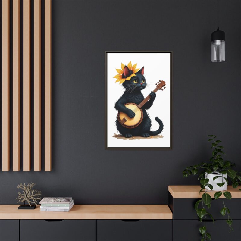 Wall Art - Black Cat Playing Banjo with Sunflower Matte Canvas Framed - Image 97