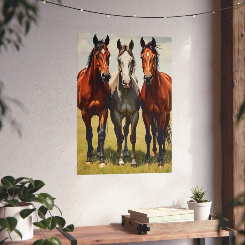 Matte Vertical Posters of Three Horses in a Grassy Field: Brown, Gray, and Chestnut - Image 81