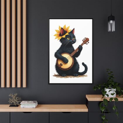 Wall Art - Black Cat Playing Banjo with Sunflower Matte Canvas Framed