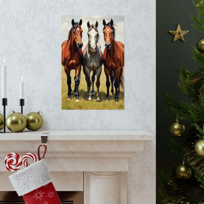 Matte Vertical Posters of Three Horses in a Grassy Field: Brown, Gray, and Chestnut - Image 15