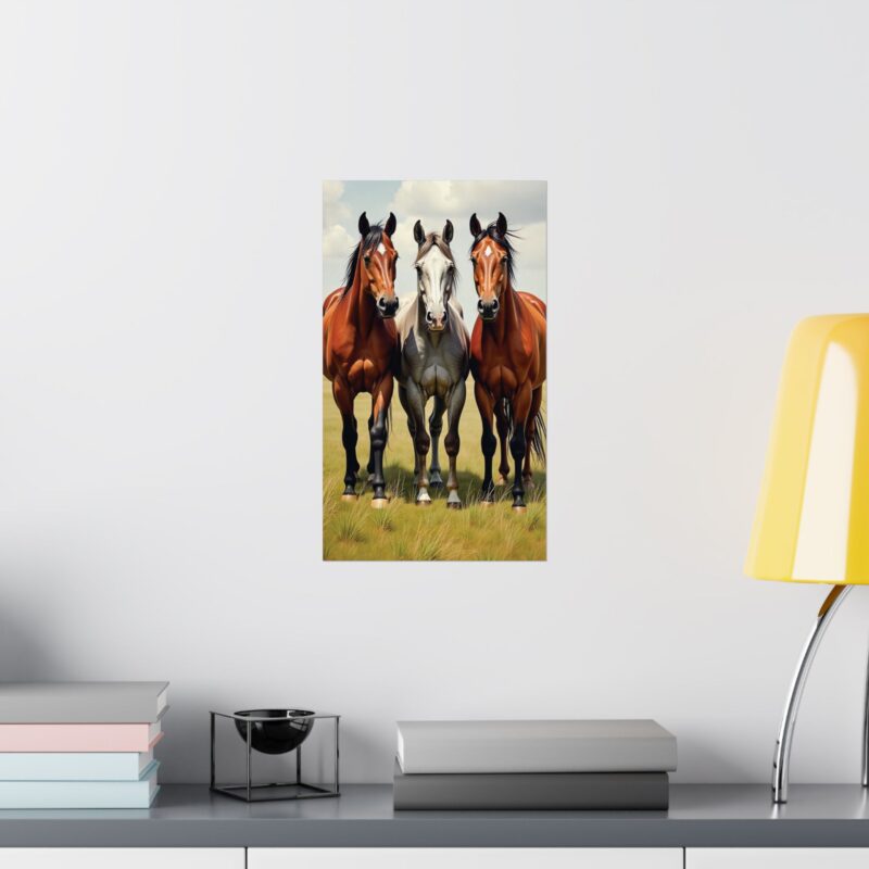 Matte Vertical Posters of Three Horses in a Grassy Field: Brown, Gray, and Chestnut - Image 8