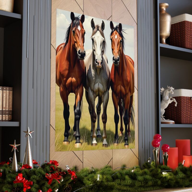 Matte Vertical Posters of Three Horses in a Grassy Field: Brown, Gray, and Chestnut - Image 110