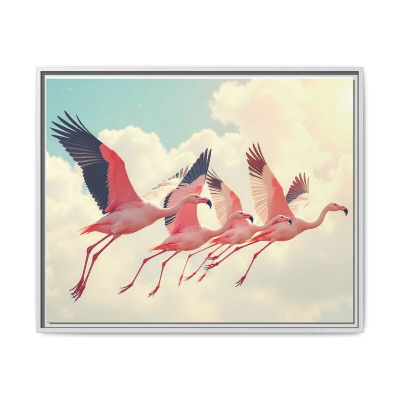 Framed Canvas - a flock of flamingos taking off in the sunlight. - Image 130