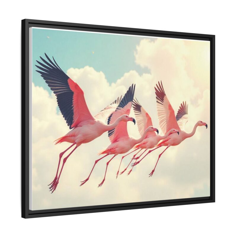 Framed Canvas - a flock of flamingos taking off in the sunlight. - Image 123