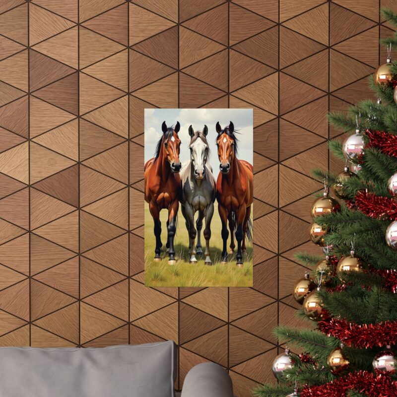 Matte Vertical Posters of Three Horses in a Grassy Field: Brown, Gray, and Chestnut - Image 77