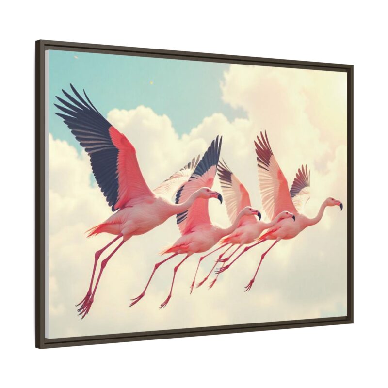 Framed Canvas - a flock of flamingos taking off in the sunlight. - Image 107