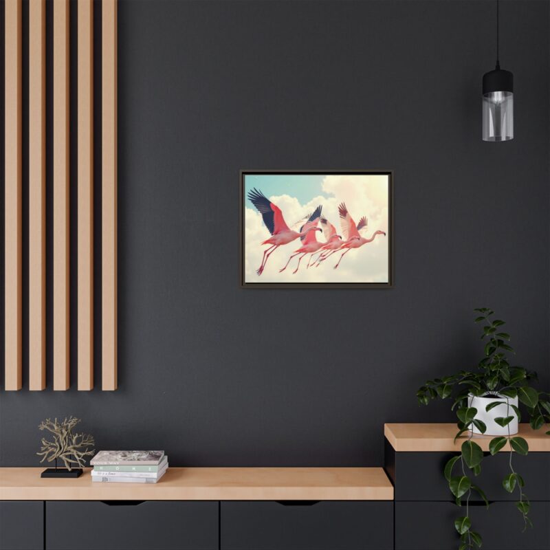 Framed Canvas - a flock of flamingos taking off in the sunlight. - Image 73