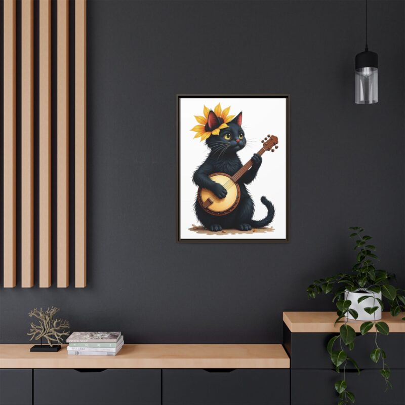 Wall Art - Black Cat Playing Banjo with Sunflower Matte Canvas Framed - Image 89