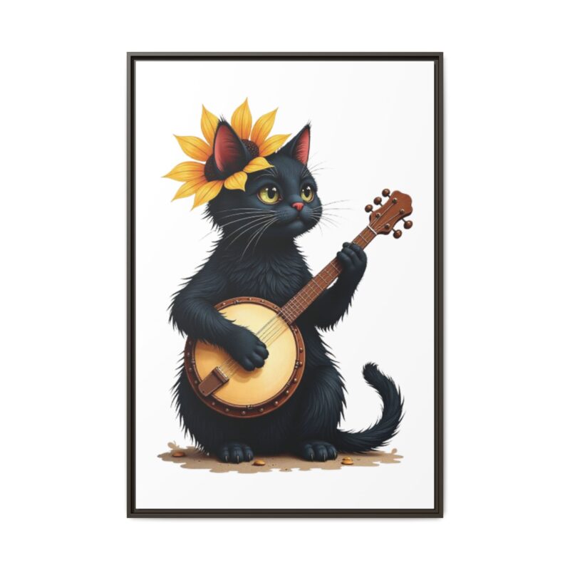 Wall Art - Black Cat Playing Banjo with Sunflower Matte Canvas Framed - Image 114