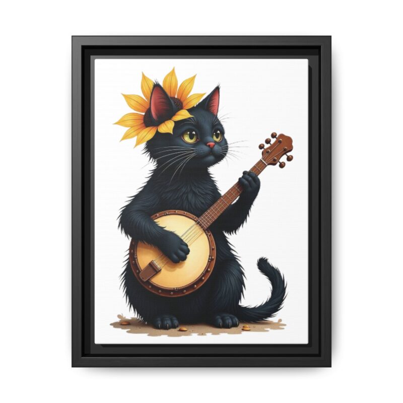 Wall Art - Black Cat Playing Banjo with Sunflower Matte Canvas Framed - Image 6
