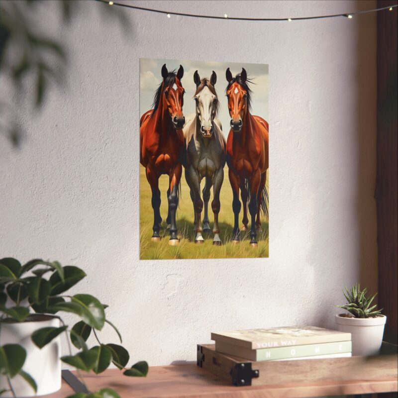 Matte Vertical Posters of Three Horses in a Grassy Field: Brown, Gray, and Chestnut - Image 65
