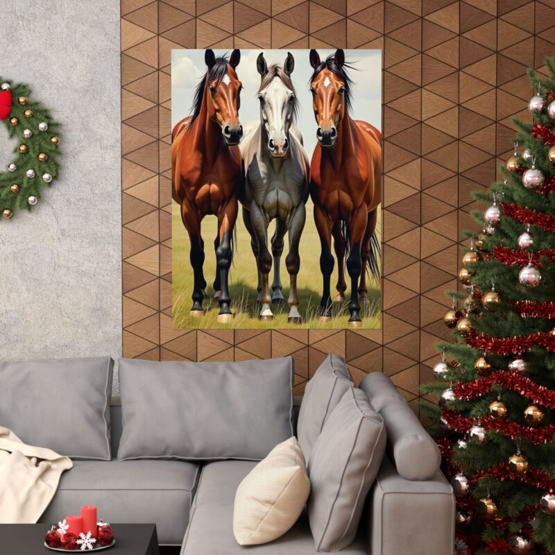 Matte Vertical Posters of Three Horses in a Grassy Field: Brown, Gray, and Chestnut - Image 109