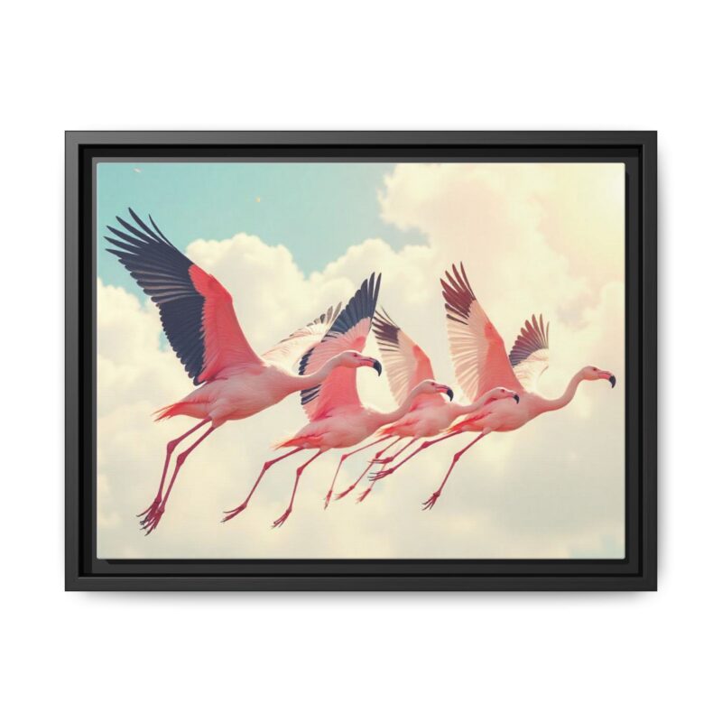 Framed Canvas - a flock of flamingos taking off in the sunlight. - Image 14