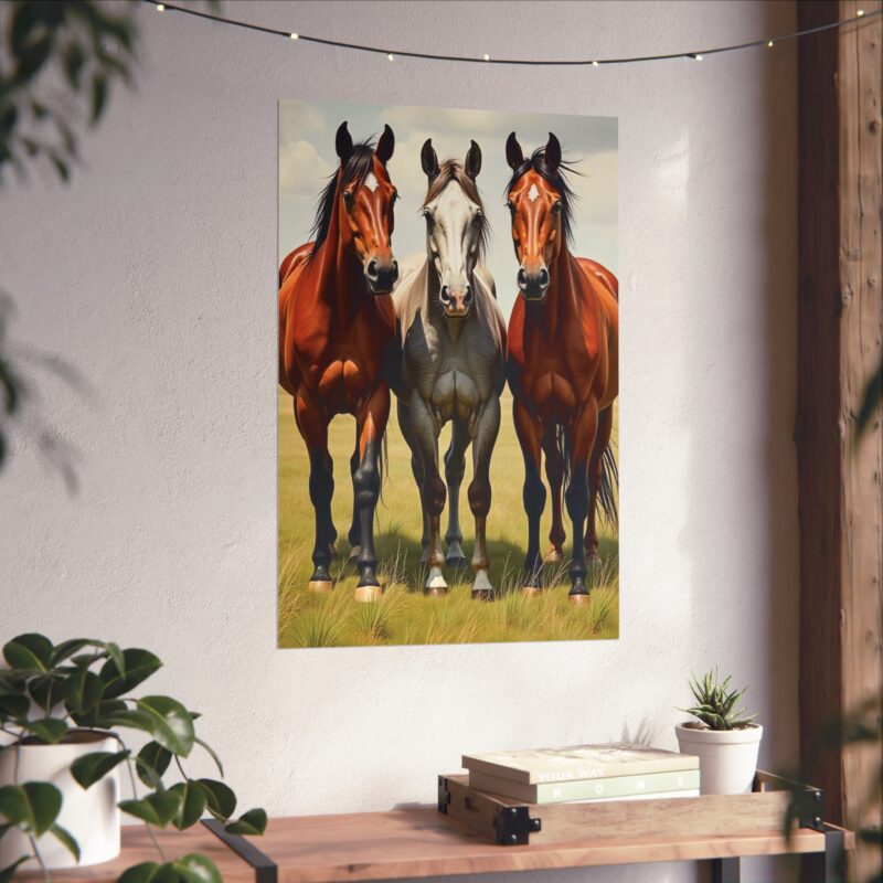 Matte Vertical Posters of Three Horses in a Grassy Field: Brown, Gray, and Chestnut - Image 17