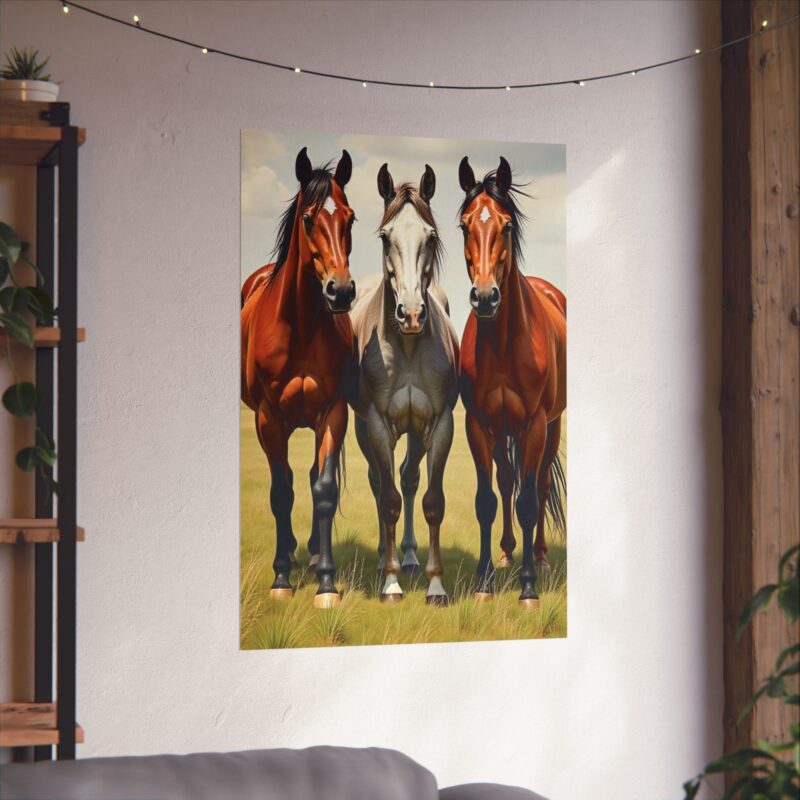 Matte Vertical Posters of Three Horses in a Grassy Field: Brown, Gray, and Chestnut - Image 97