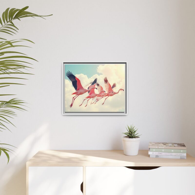 Framed Canvas - a flock of flamingos taking off in the sunlight. - Image 72