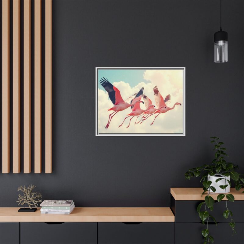 Framed Canvas - a flock of flamingos taking off in the sunlight. - Image 92