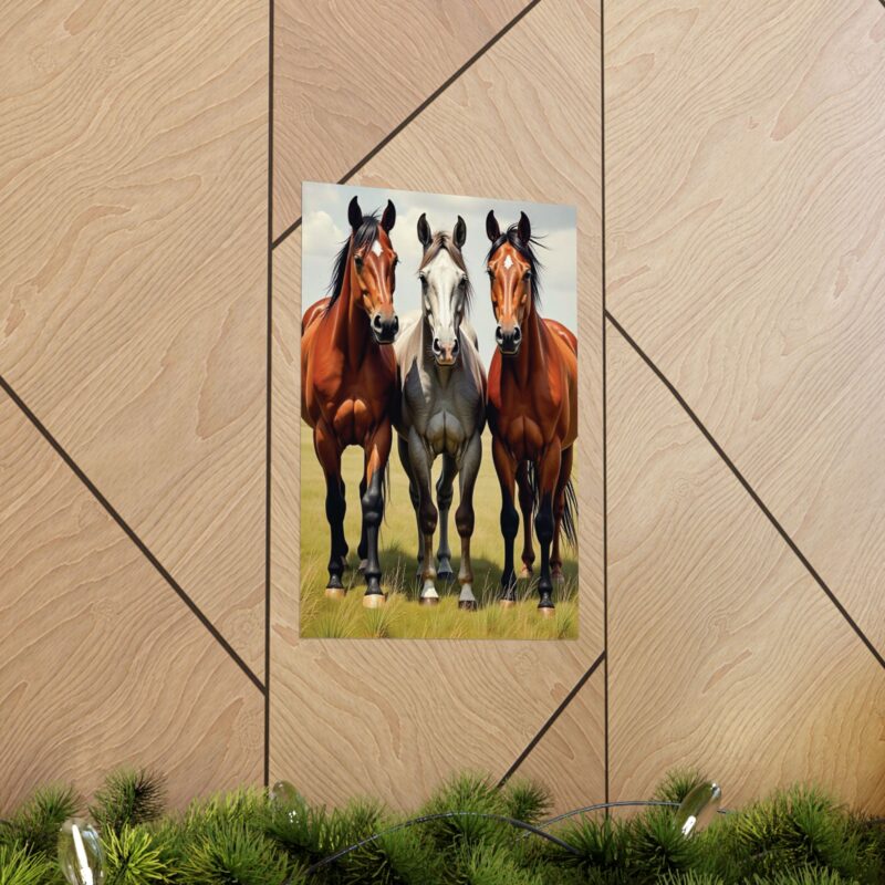 Matte Vertical Posters of Three Horses in a Grassy Field: Brown, Gray, and Chestnut - Image 54