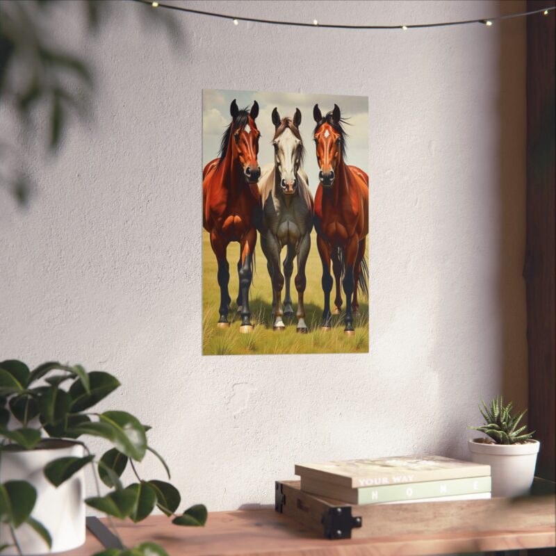 Matte Vertical Posters of Three Horses in a Grassy Field: Brown, Gray, and Chestnut - Image 9