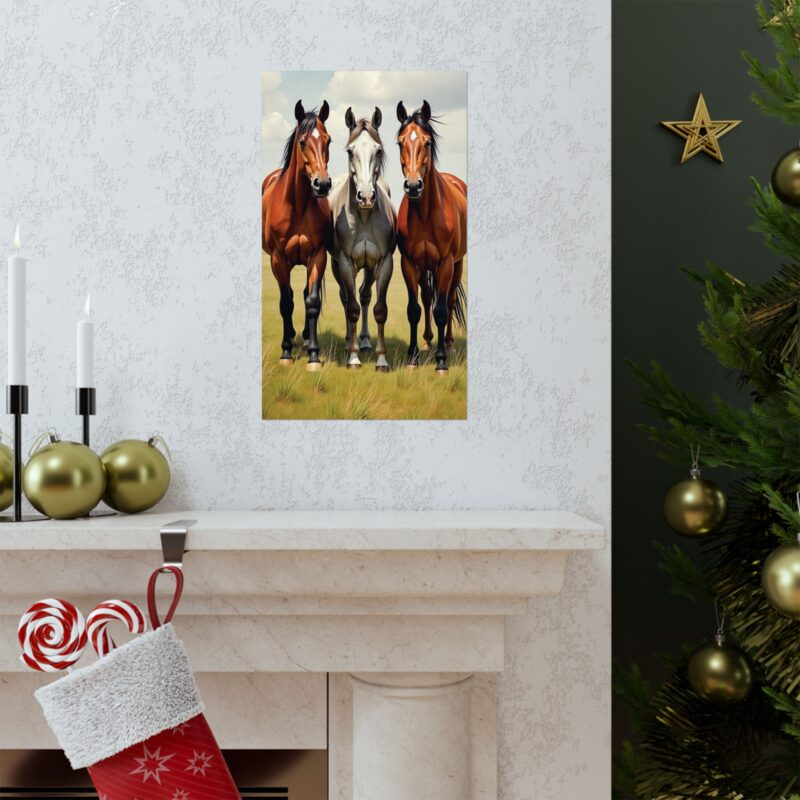 Matte Vertical Posters of Three Horses in a Grassy Field: Brown, Gray, and Chestnut - Image 7