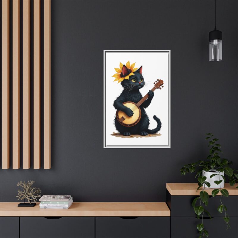 Wall Art - Black Cat Playing Banjo with Sunflower Matte Canvas Framed - Image 101
