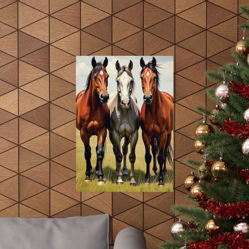 Matte Vertical Posters of Three Horses in a Grassy Field: Brown, Gray, and Chestnut - Image 85