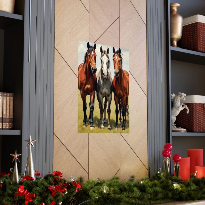 Matte Vertical Posters of Three Horses in a Grassy Field: Brown, Gray, and Chestnut - Image 94