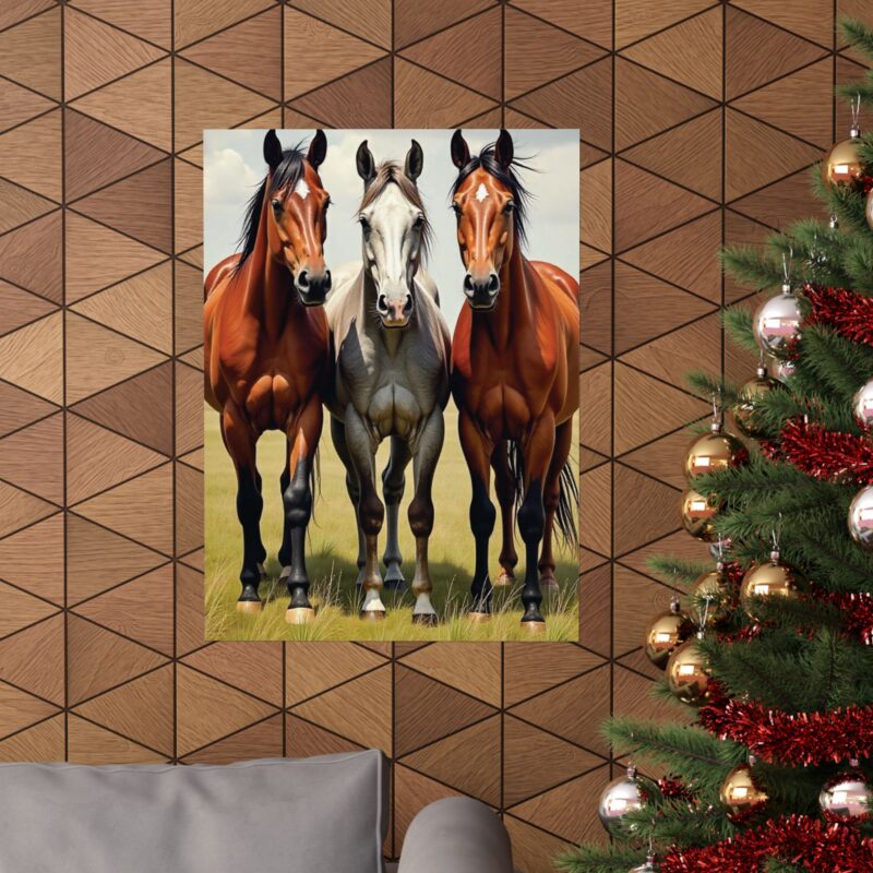 Matte Vertical Posters of Three Horses in a Grassy Field: Brown, Gray, and Chestnut - Image 93