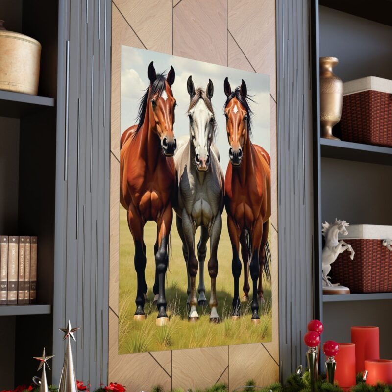Matte Vertical Posters of Three Horses in a Grassy Field: Brown, Gray, and Chestnut - Image 118