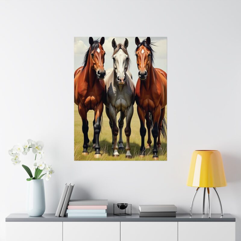 Matte Vertical Posters of Three Horses in a Grassy Field: Brown, Gray, and Chestnut - Image 48