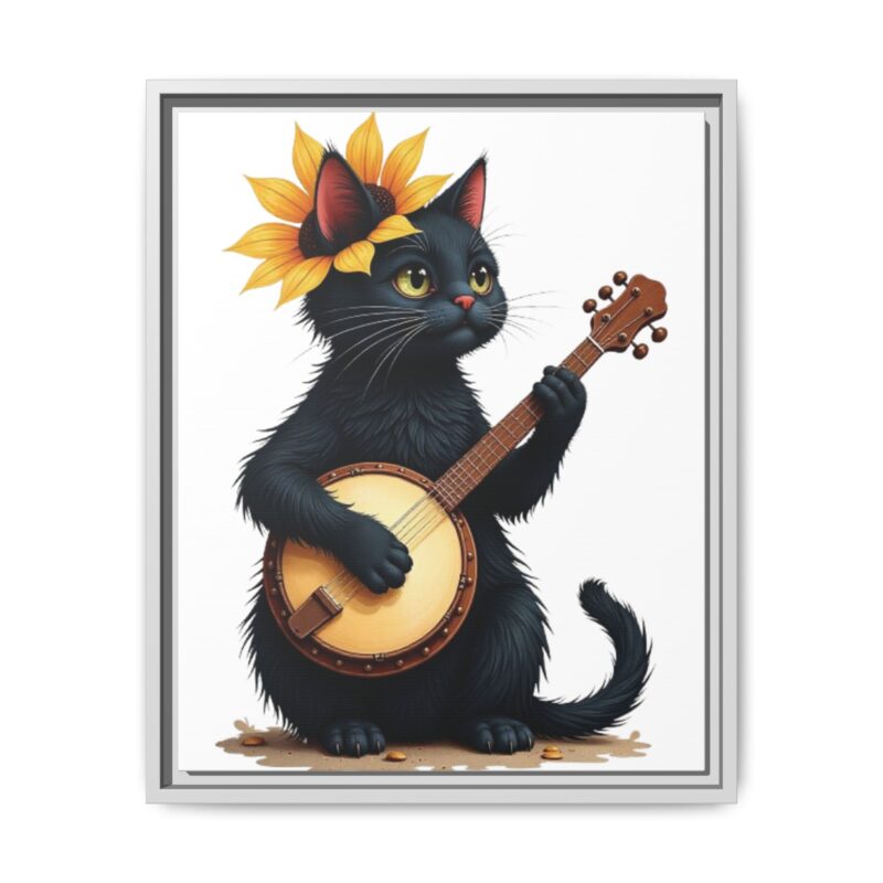 Wall Art - Black Cat Playing Banjo with Sunflower Matte Canvas Framed - Image 70