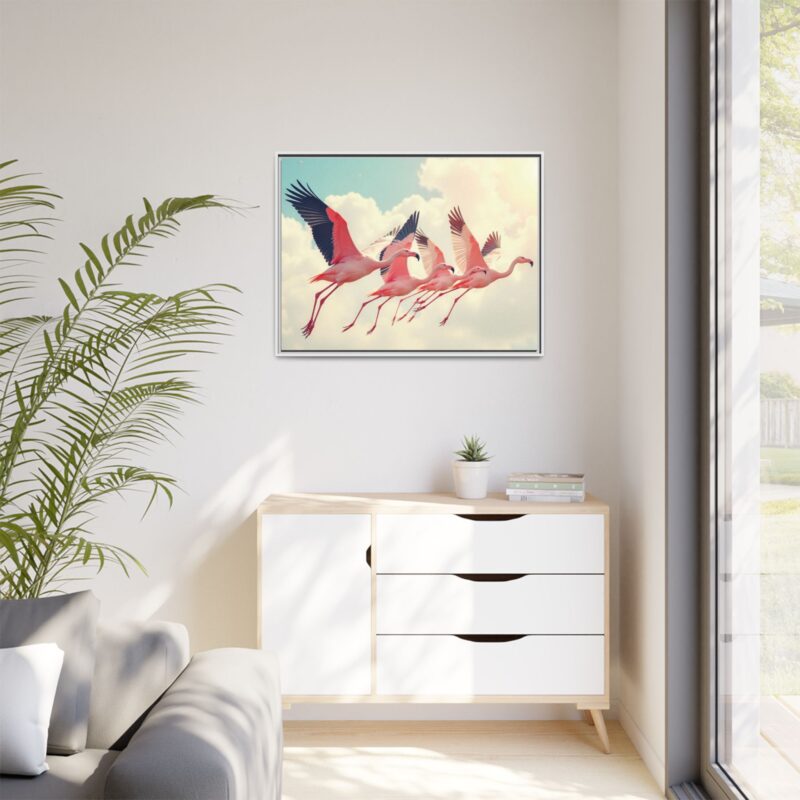 Framed Canvas - a flock of flamingos taking off in the sunlight. - Image 112