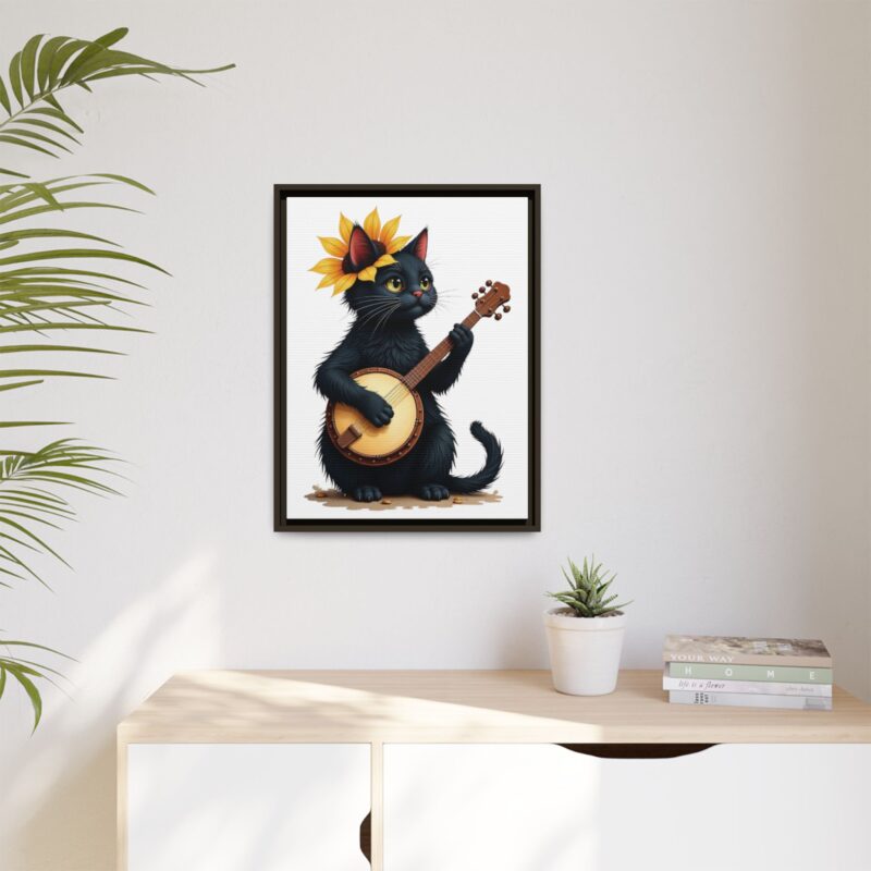 Wall Art - Black Cat Playing Banjo with Sunflower Matte Canvas Framed - Image 76