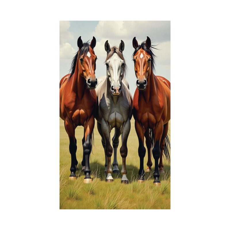 Matte Vertical Posters of Three Horses in a Grassy Field: Brown, Gray, and Chestnut - Image 3