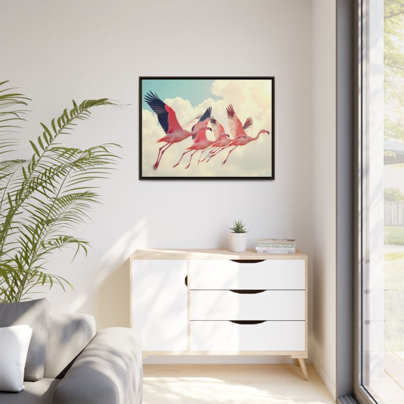 Framed Canvas - a flock of flamingos taking off in the sunlight. - Image 108