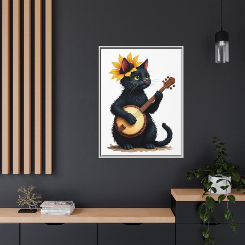 Wall Art - Black Cat Playing Banjo with Sunflower Matte Canvas Framed - Image 109