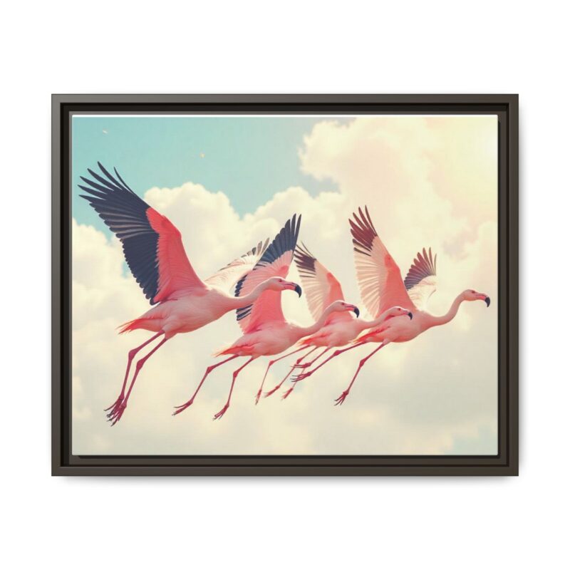 Framed Canvas - a flock of flamingos taking off in the sunlight. - Image 66