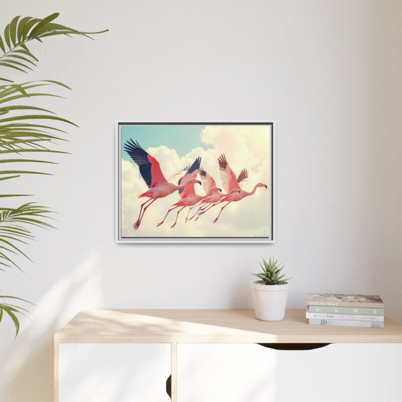 Framed Canvas - a flock of flamingos taking off in the sunlight. - Image 80