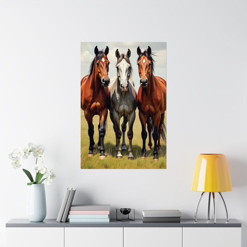Matte Vertical Posters of Three Horses in a Grassy Field: Brown, Gray, and Chestnut - Image 104