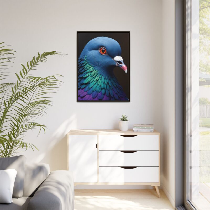 Canvas Print featuring a close-up portrait of a colorful pigeon - Image 81