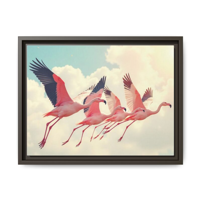 Framed Canvas - a flock of flamingos taking off in the sunlight. - Image 58