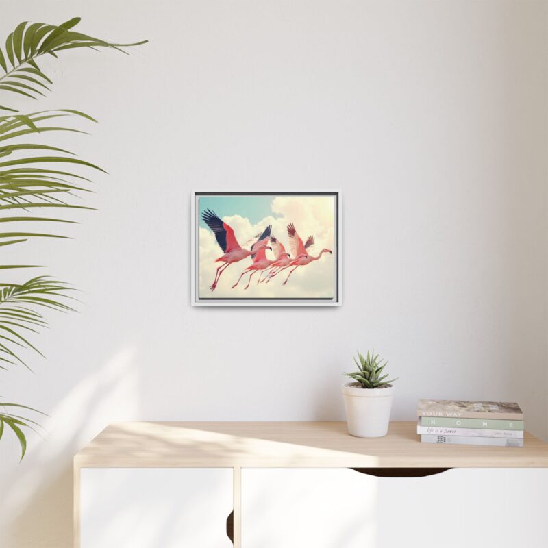 Framed Canvas - a flock of flamingos taking off in the sunlight. - Image 64