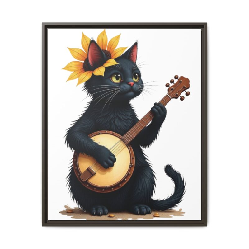 Wall Art - Black Cat Playing Banjo with Sunflower Matte Canvas Framed - Image 126