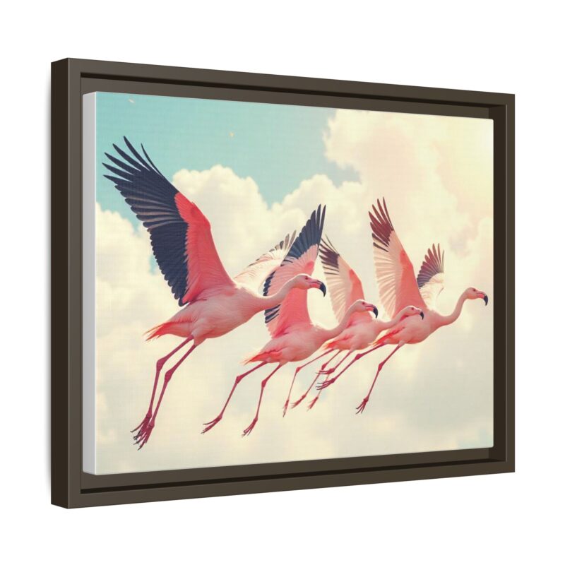 Framed Canvas - a flock of flamingos taking off in the sunlight. - Image 59