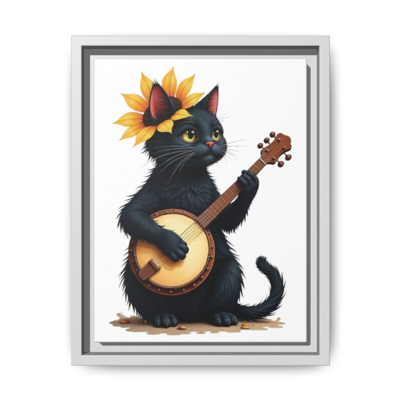 Wall Art - Black Cat Playing Banjo with Sunflower Matte Canvas Framed - Image 46