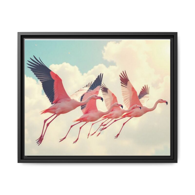 Framed Canvas - a flock of flamingos taking off in the sunlight. - Image 18