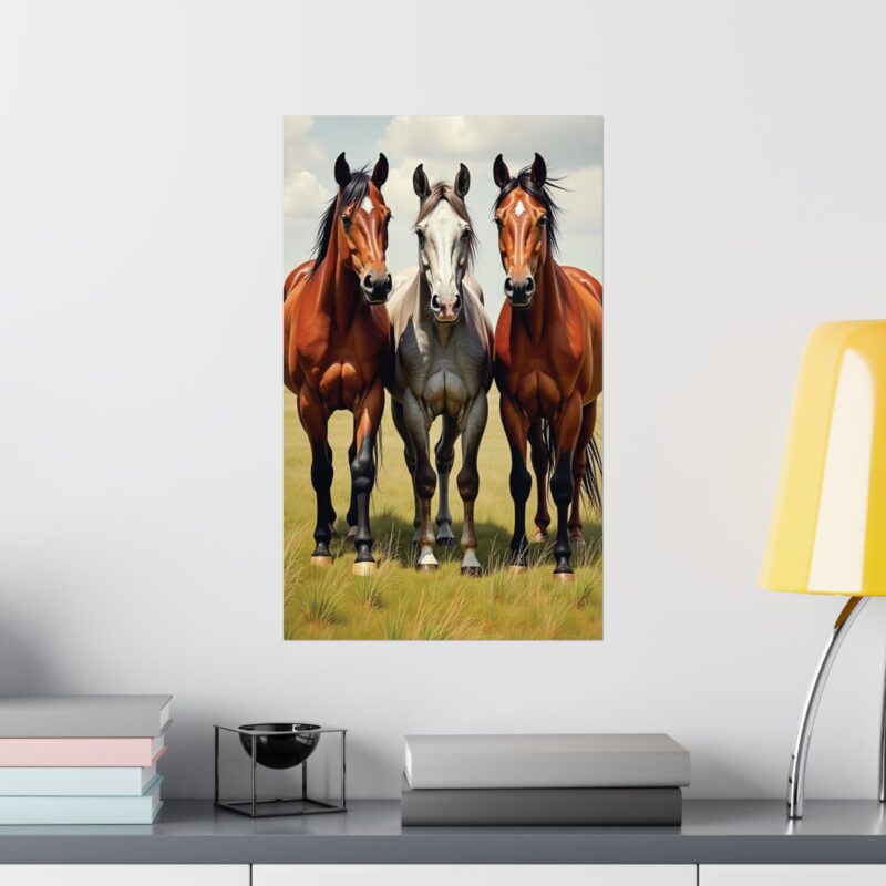Matte Vertical Posters of Three Horses in a Grassy Field: Brown, Gray, and Chestnut - Image 80