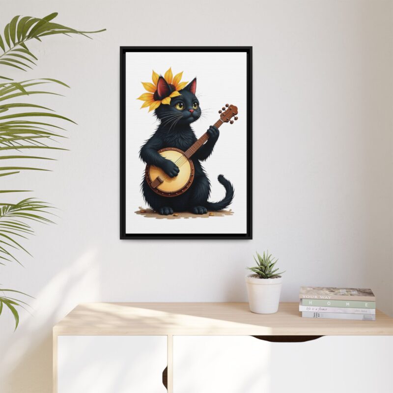 Wall Art - Black Cat Playing Banjo with Sunflower Matte Canvas Framed - Image 28